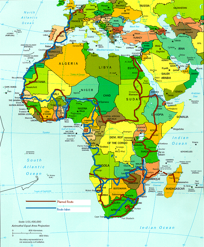 The map of Africa with our route